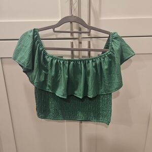 SHEIN Women's Green off Shoulder Ruffled Smoked  Crop Top Size Large 12